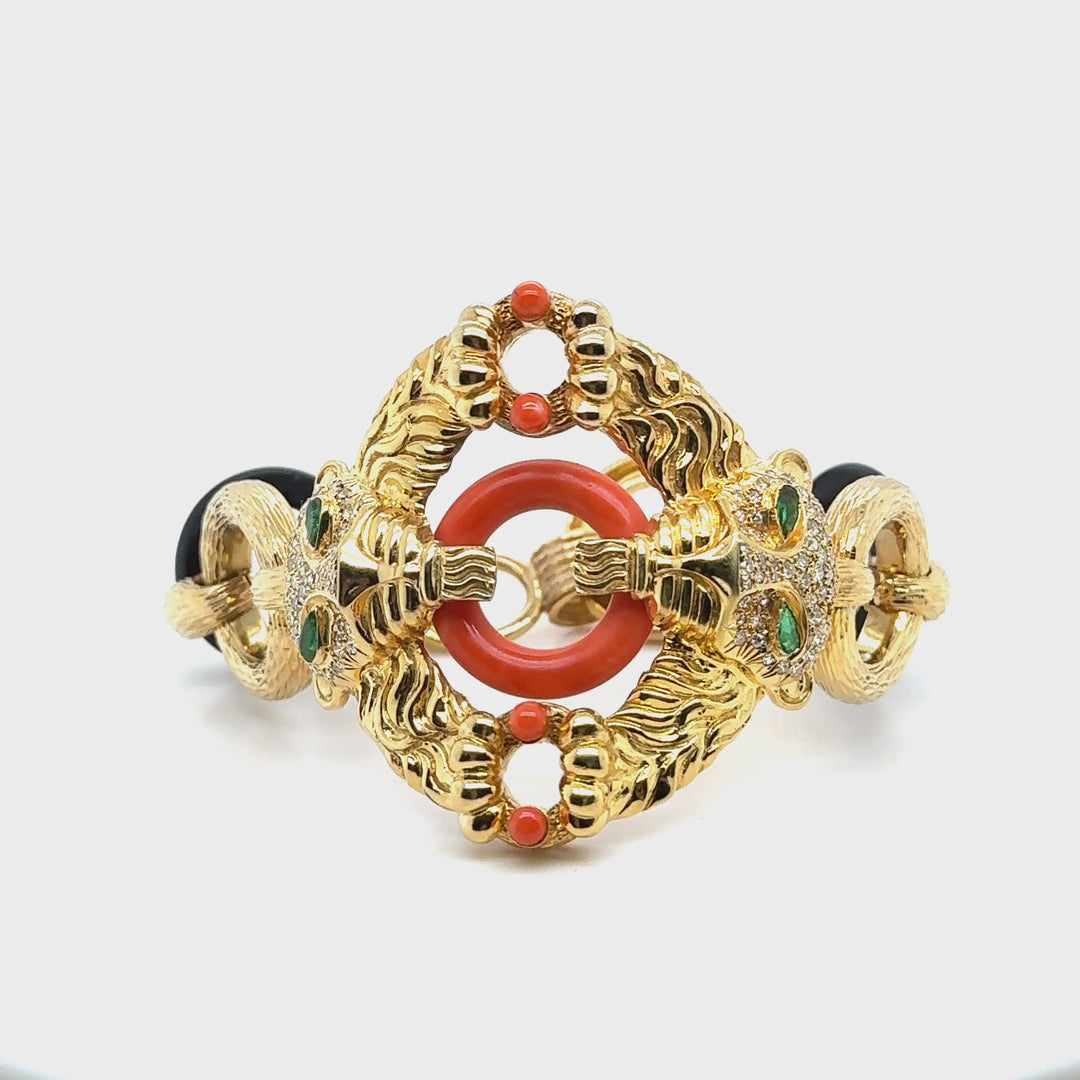 14K Yellow Gold Panther Symmetrical Bracelet - Coral Black Onyx Pear Emerald
