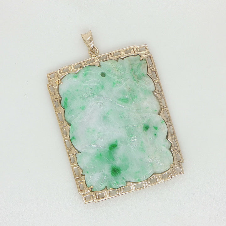 14K Yellow Gold Carved Jadeite Floral Pendant