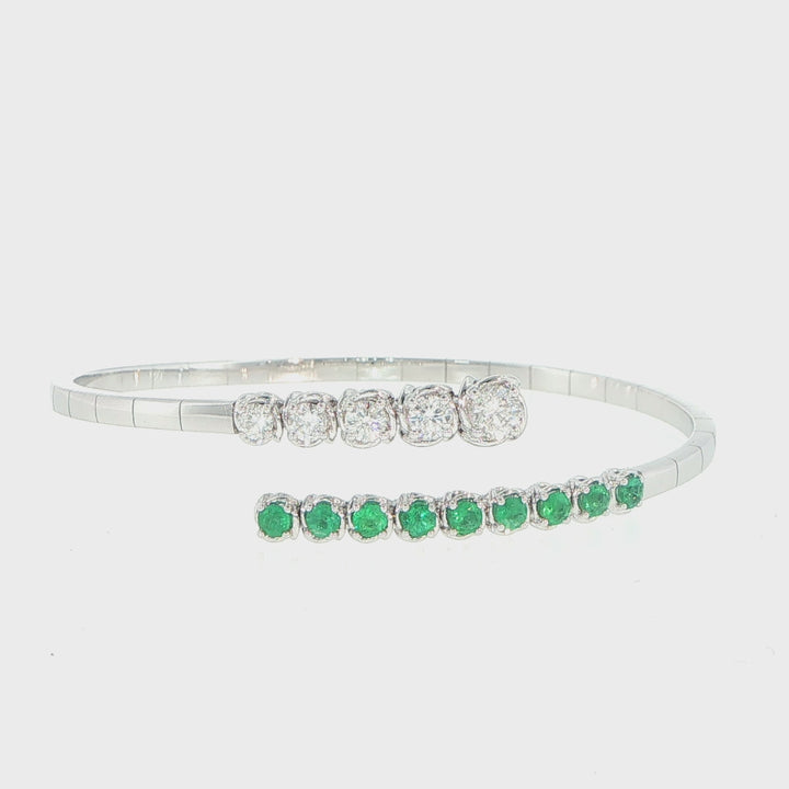 18K White Gold Diamond & Emerald Coil Bangle Bracelet