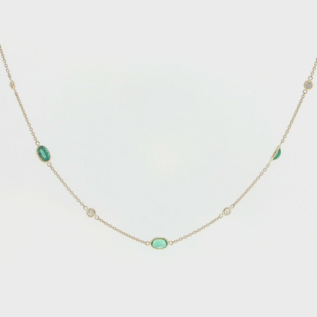 18K Yellow Gold Emerald & Diamond Bezel-Set Station Necklace