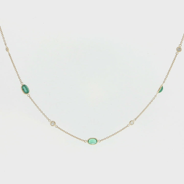 18K Yellow Gold Emerald & Diamond Bezel-Set Station Necklace