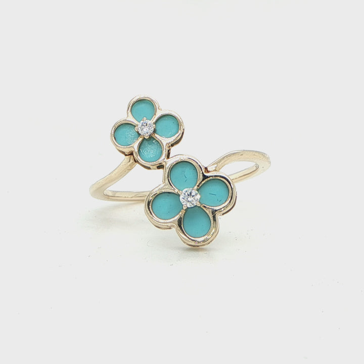 14K Yellow Gold Double Flower Turquoise & Diamond Ring