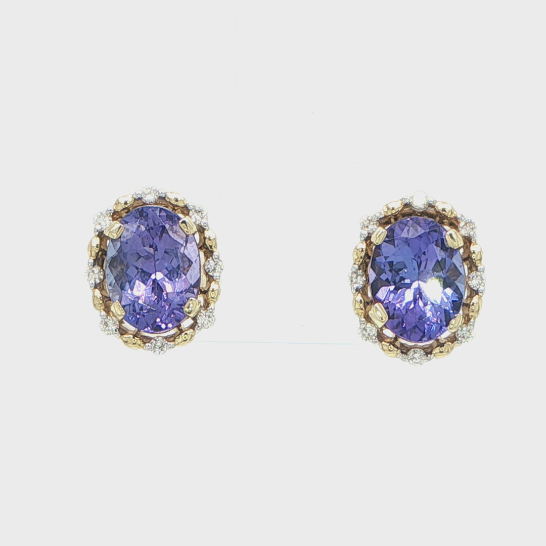 14K Yellow Gold Tanzanite & Diamond Halo Stud Earrings