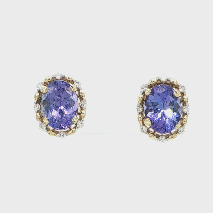 14K Yellow Gold Tanzanite & Diamond Halo Stud Earrings