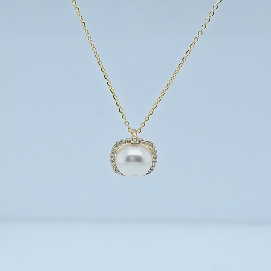 8mm Pearl and Diamond Halo Pendant Necklace