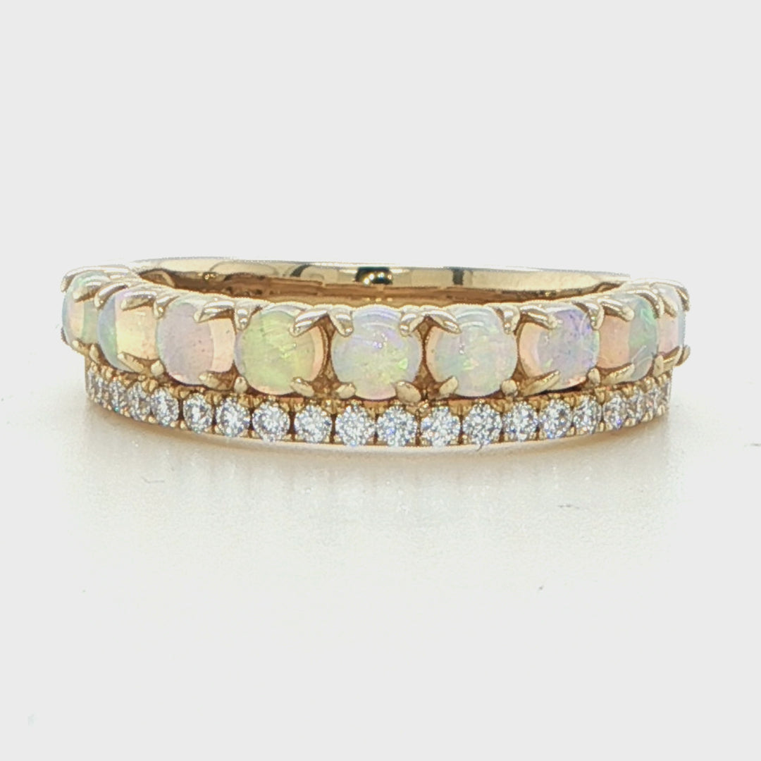 14K Yellow Gold Australian Opal Diamond Two Row Ring