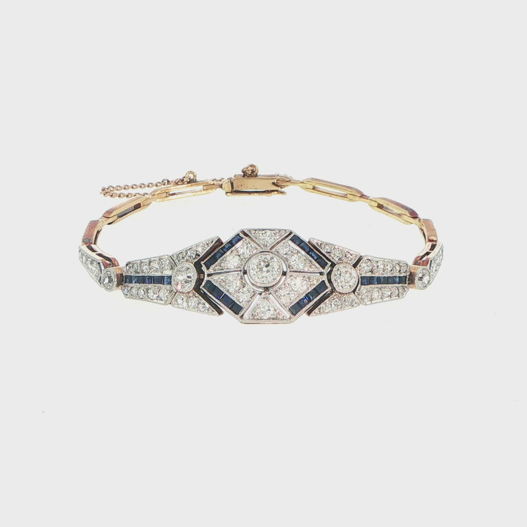 18K Yellow & White Gold Art Deco Diamond and Sapphire Bracelet