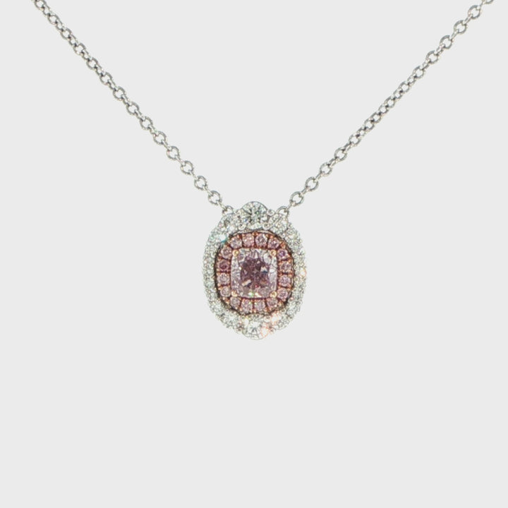 18K White & Rose Gold Halo Pendant Necklace Pink-Purple Diamond