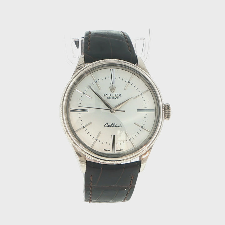 Rolex Cellini 50509 18K White Gold 39mm Alligator Strap Watch