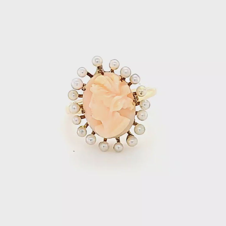 Carved Coral and Seed Pearl Ring