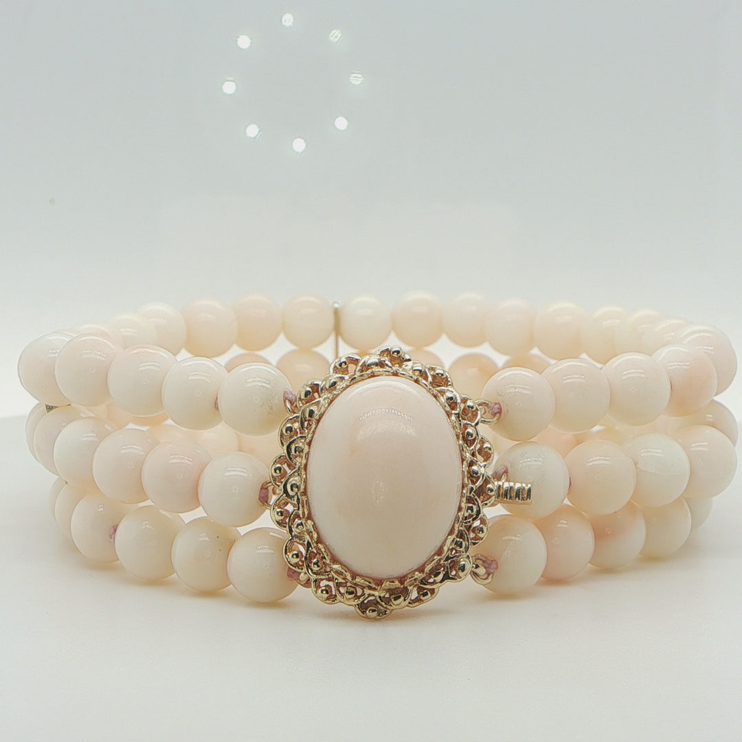 14K Yellow Gold Three Row Angel Skin Coral Bracelet