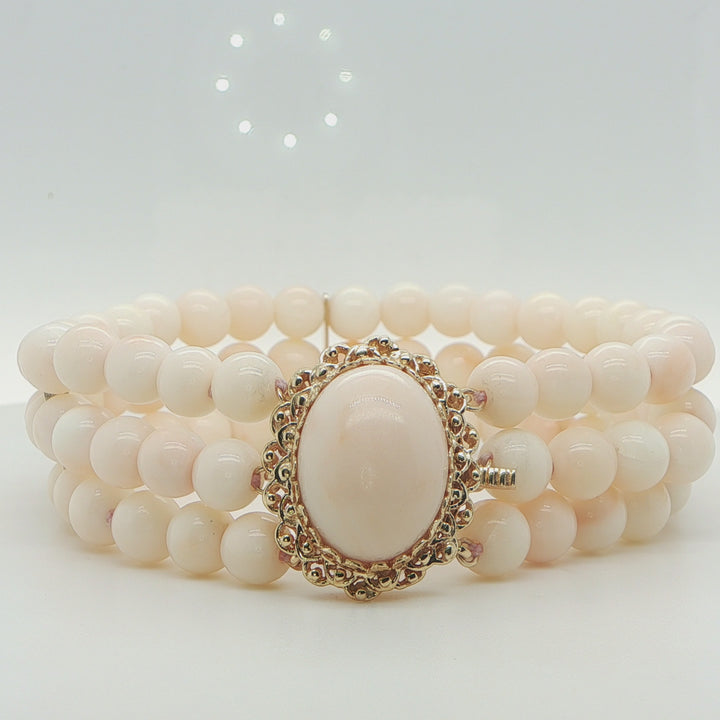 14K Yellow Gold Three Row Angel Skin Coral Bracelet