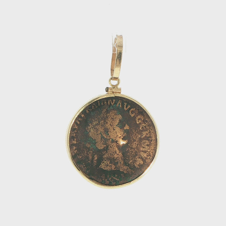Ancient Copper Coin Pendant in 14K Yellow Gold Frame