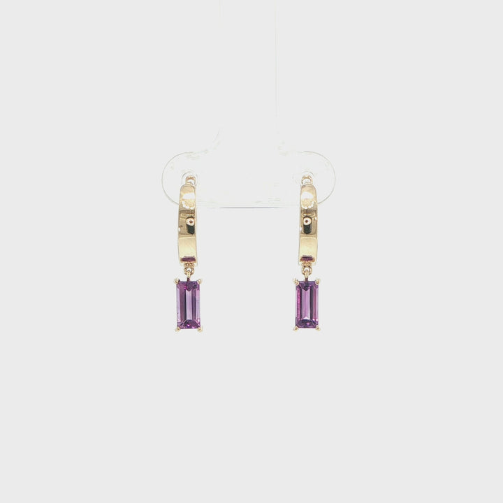 14K Yellow Gold Baguette Amethyst Huggie Earrings