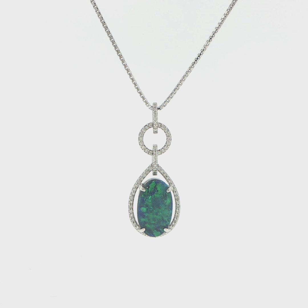 18K White Gold Lightning Ridge Opal Diamond Pendant Necklace