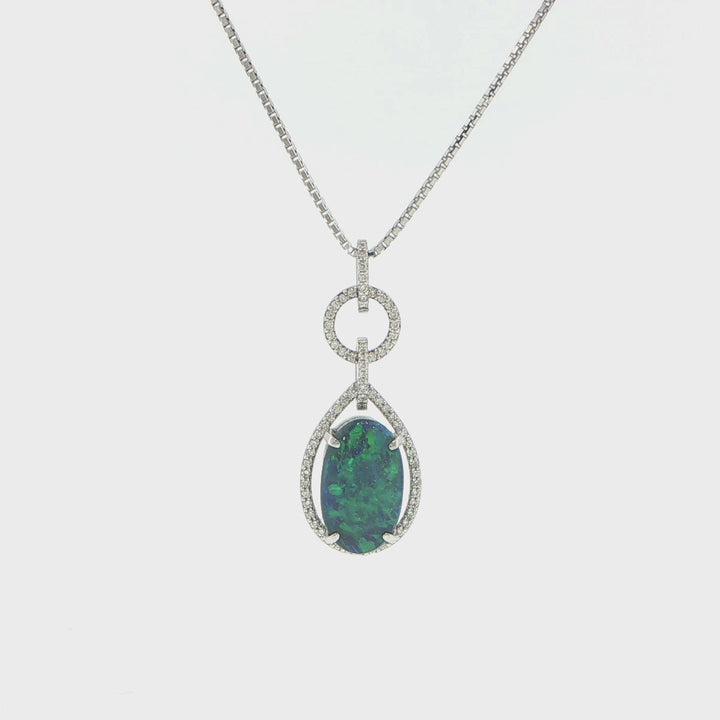 18K White Gold Lightning Ridge Opal Diamond Pendant Necklace