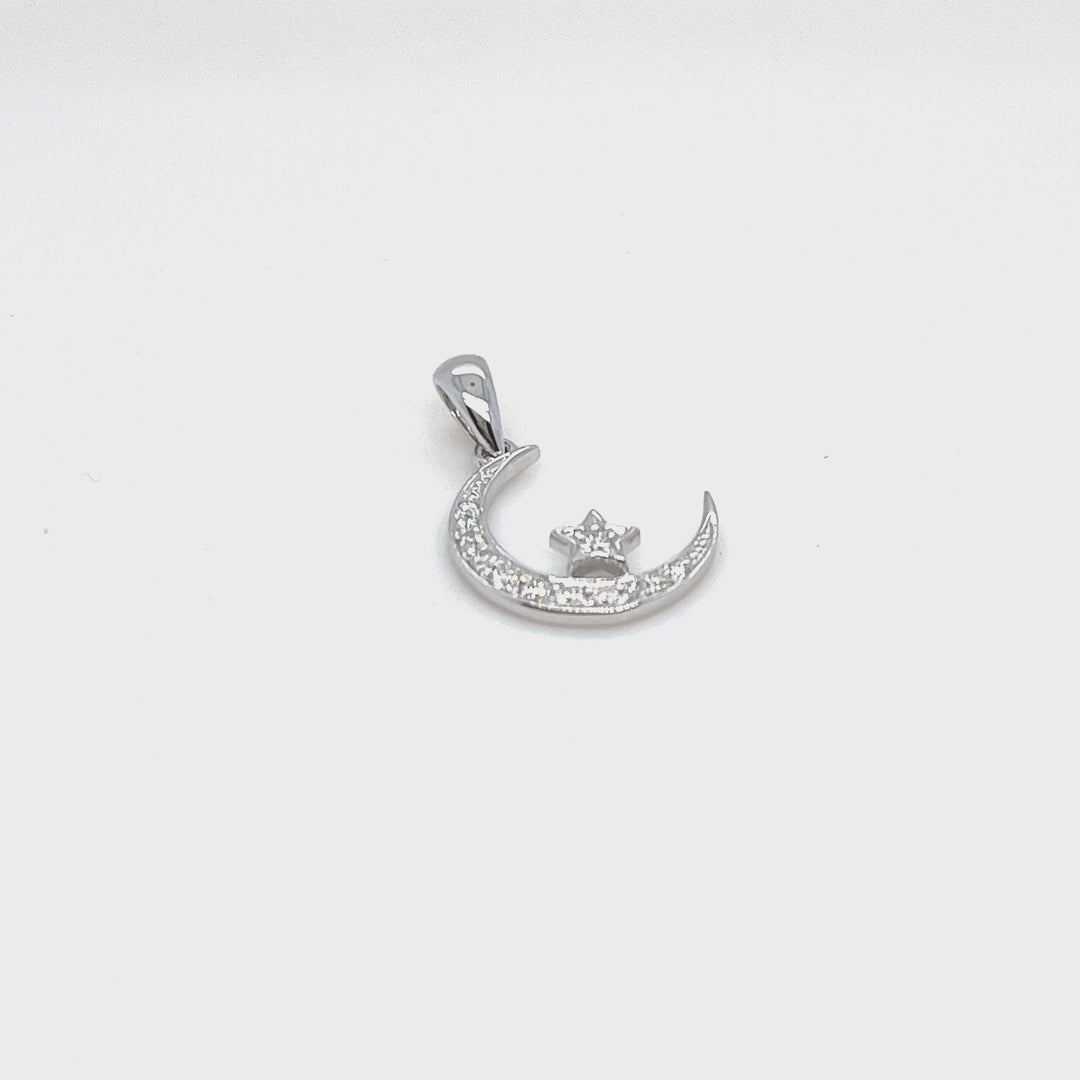 14K White Gold Moon & Star Diamond Pendant