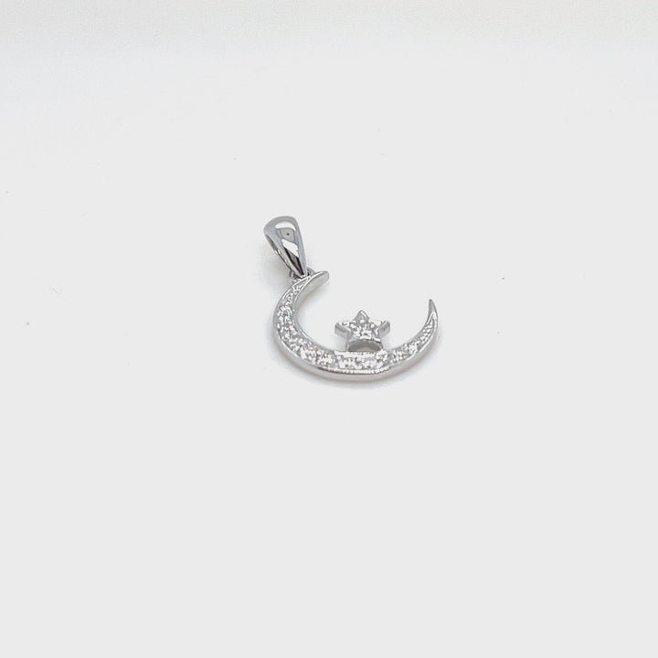 14K White Gold Moon & Star Diamond Pendant