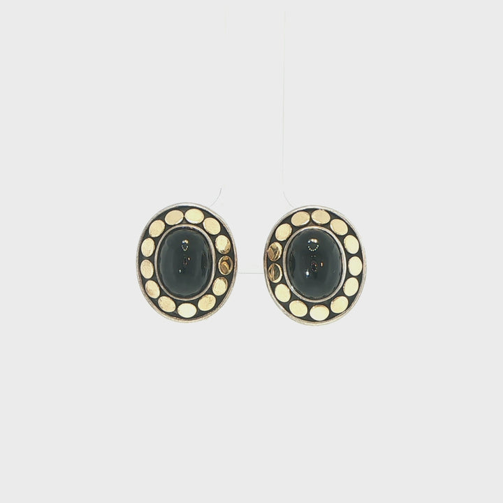 John Hardy Dot Stud Earrings Sterling Silver Onyx & 18K Yellow Gold