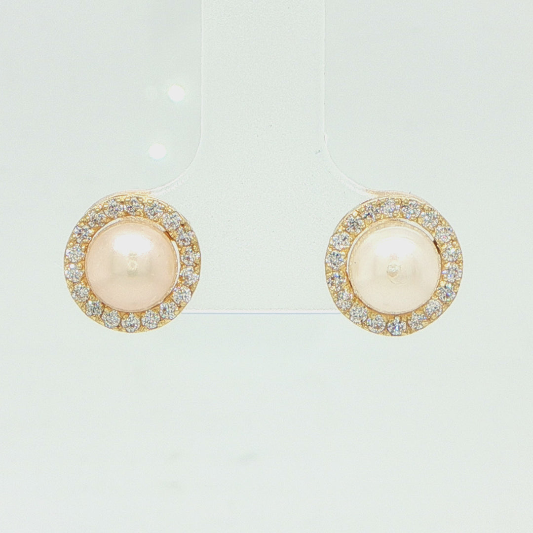 14K Yellow Gold Diamond & Cultured Pearl Halo Stud Earrings