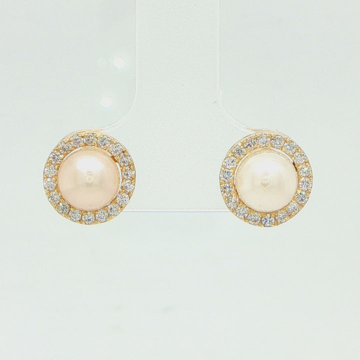 14K Yellow Gold Diamond & Cultured Pearl Halo Stud Earrings