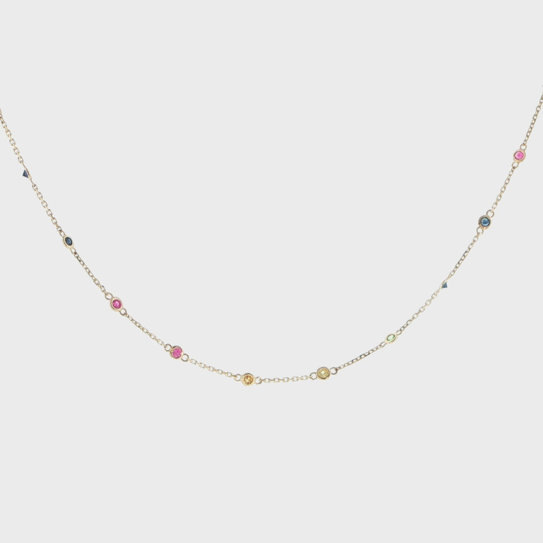 14K Yellow Gold Multicolor Gemstone Station Necklace