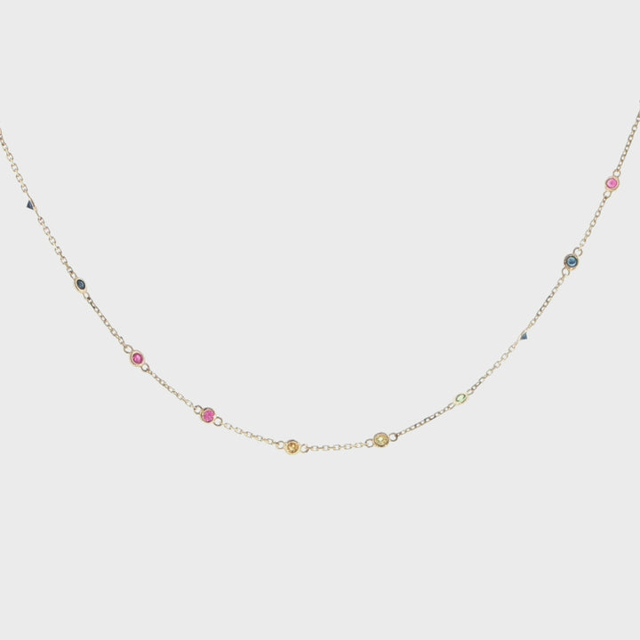 14K Yellow Gold Multicolor Gemstone Station Necklace