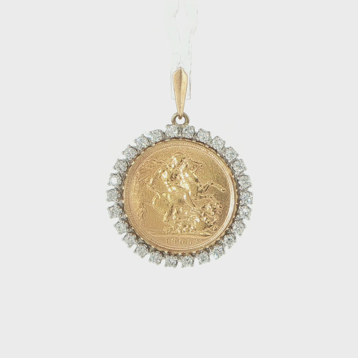 21.6K Gold English Sovereign Coin Pendant 18K White Gold Diamond Mounting