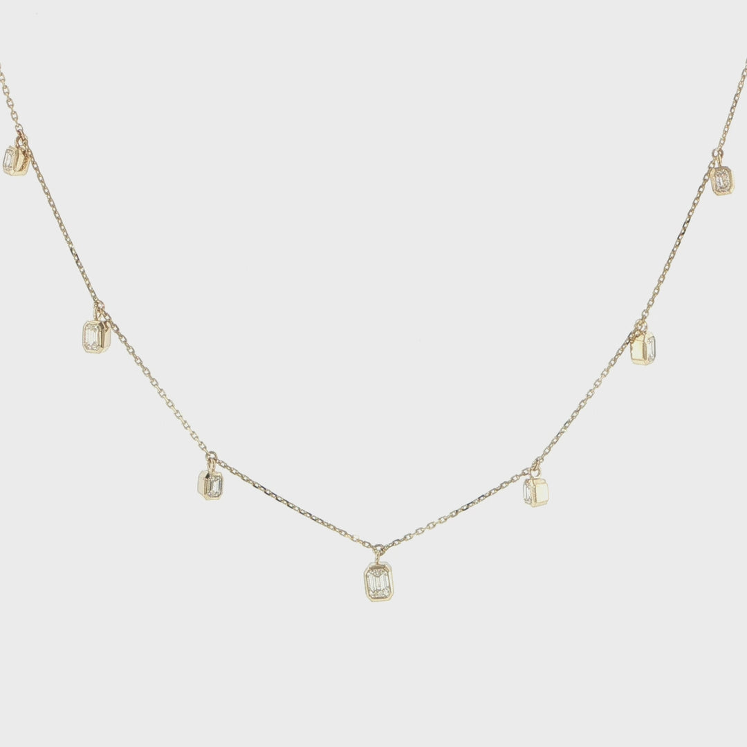 14K Yellow Gold Emerald Cut Diamond 7 Station Necklace