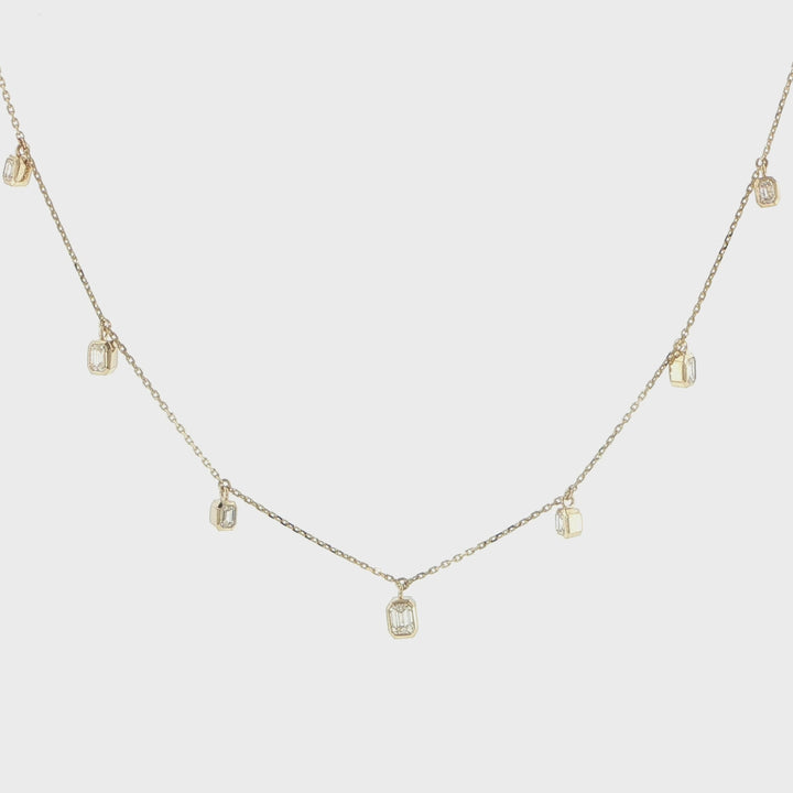 14K Yellow Gold Emerald Cut Diamond 7 Station Necklace