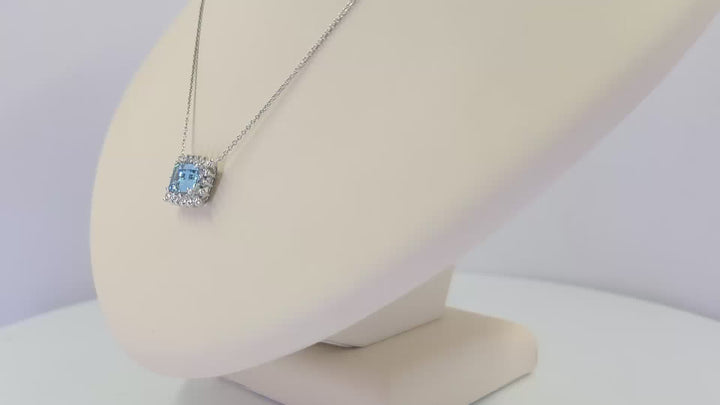 Aquamarine and Diamond Halo Pendant Necklace