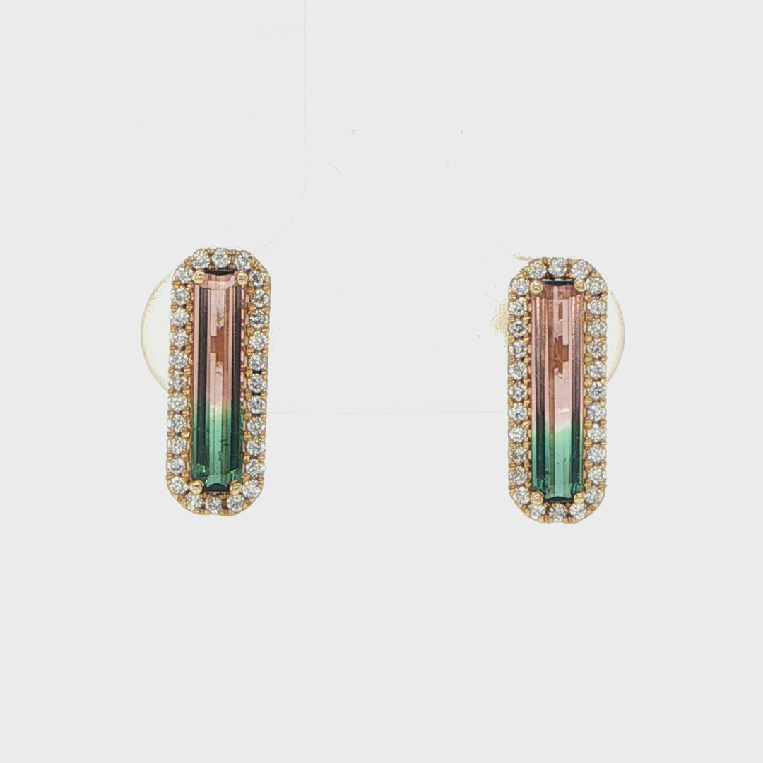 14K Yellow Gold Bi-Color Tourmaline Diamond Earrings