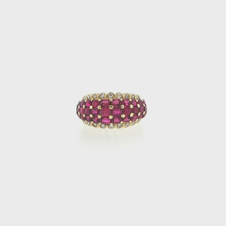18K Yellow Gold Emerald Cut Ruby & Diamond Dome Ring