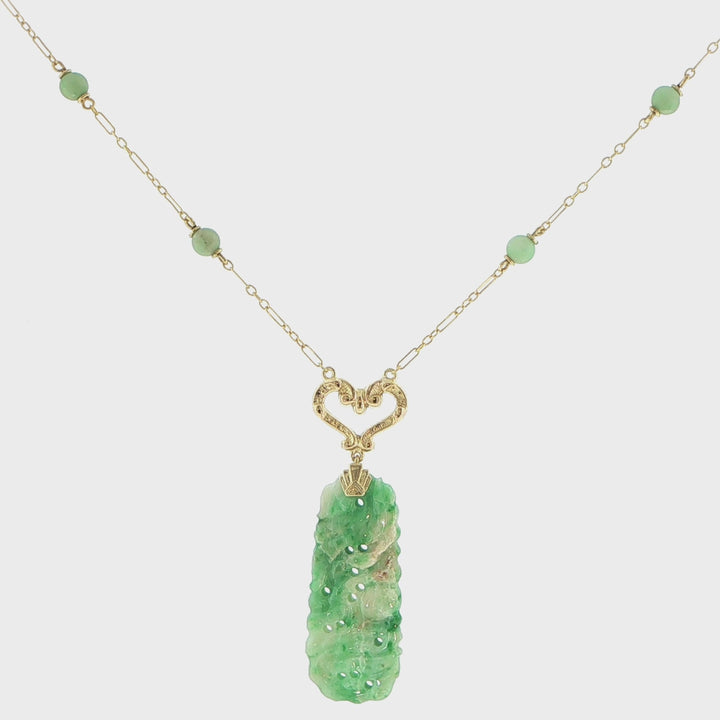 16K Yellow Gold Carved Jade Pendant Necklace