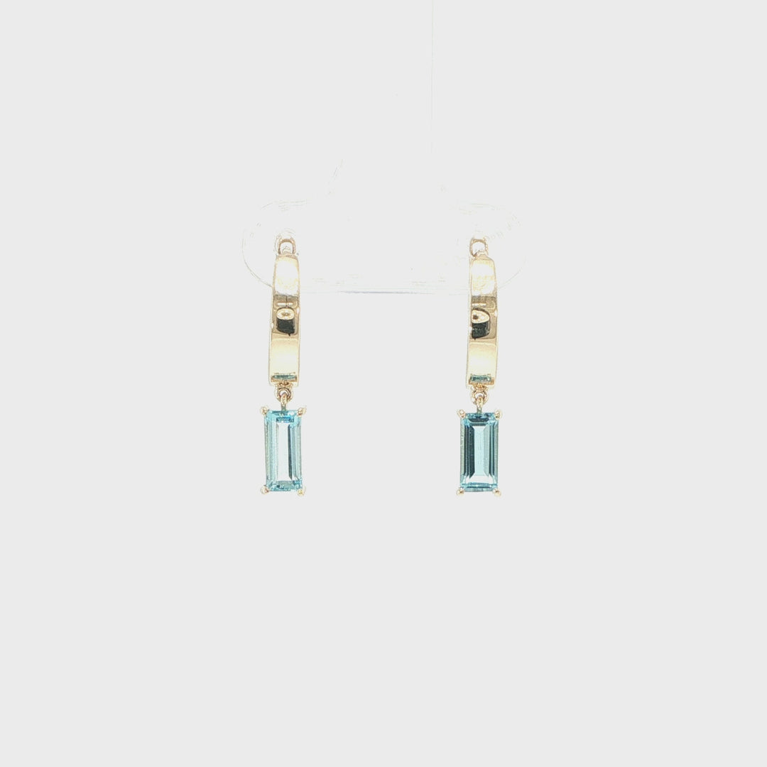 14K Yellow Gold Baguette Blue Topaz Huggie Earrings