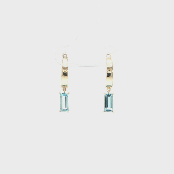 14K Yellow Gold Baguette Blue Topaz Huggie Earrings