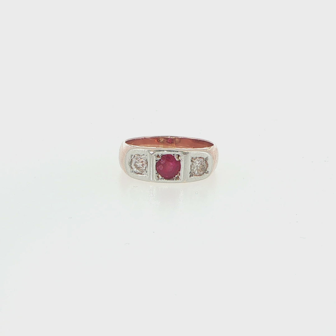 14K Rose Gold Ruby & Diamond 3-Stone Ring