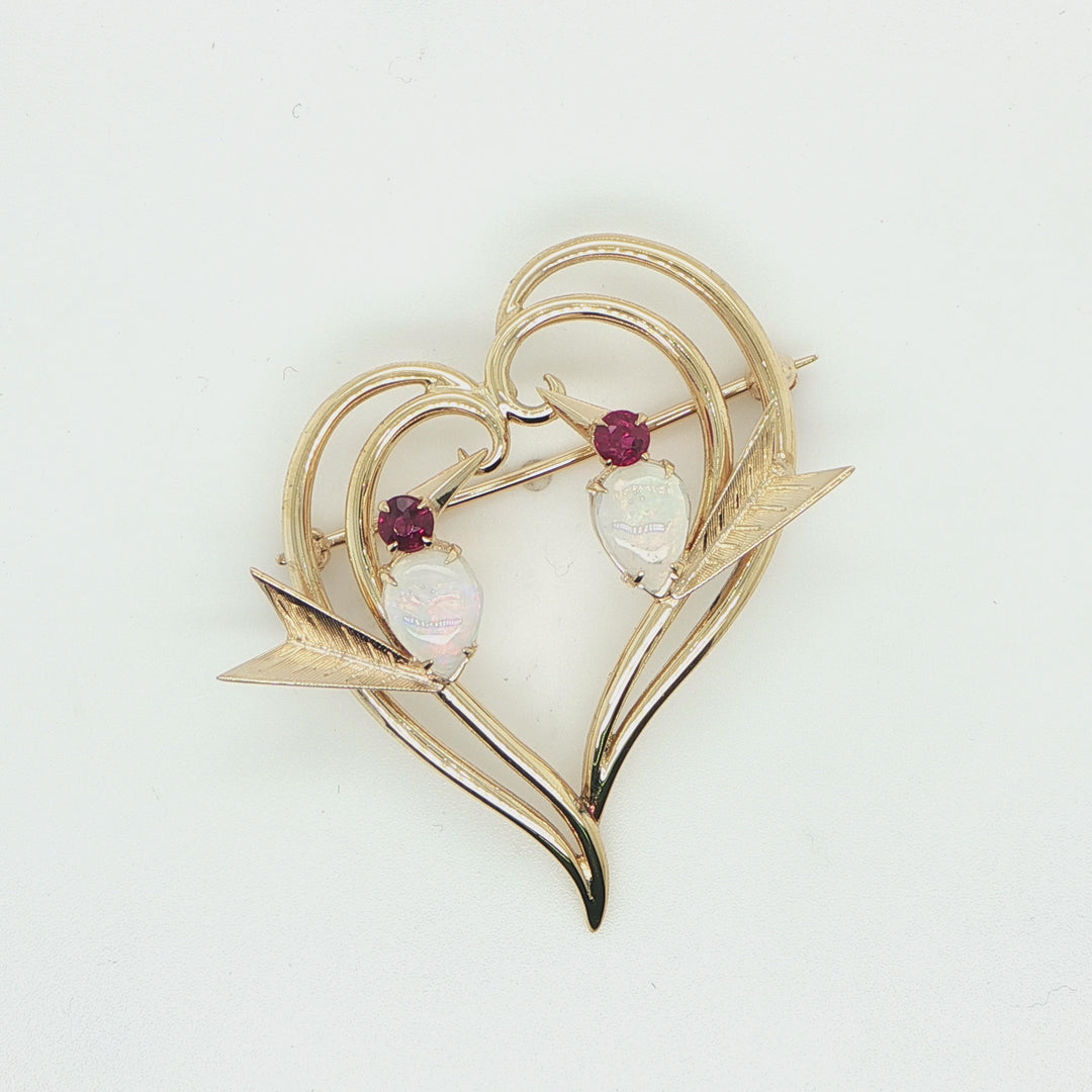 14K Yellow Gold Opal & Ruby Love Bird Heart Pin
