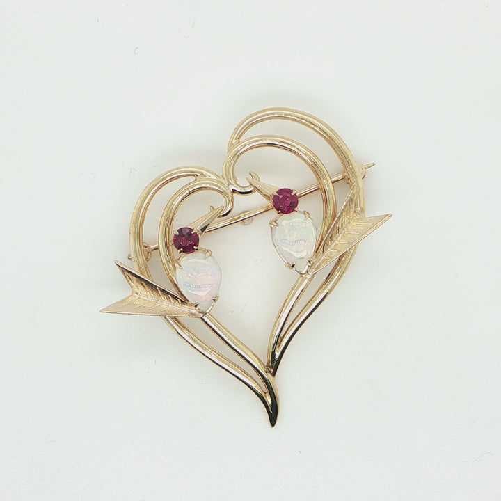 14K Yellow Gold Opal & Ruby Love Bird Heart Pin