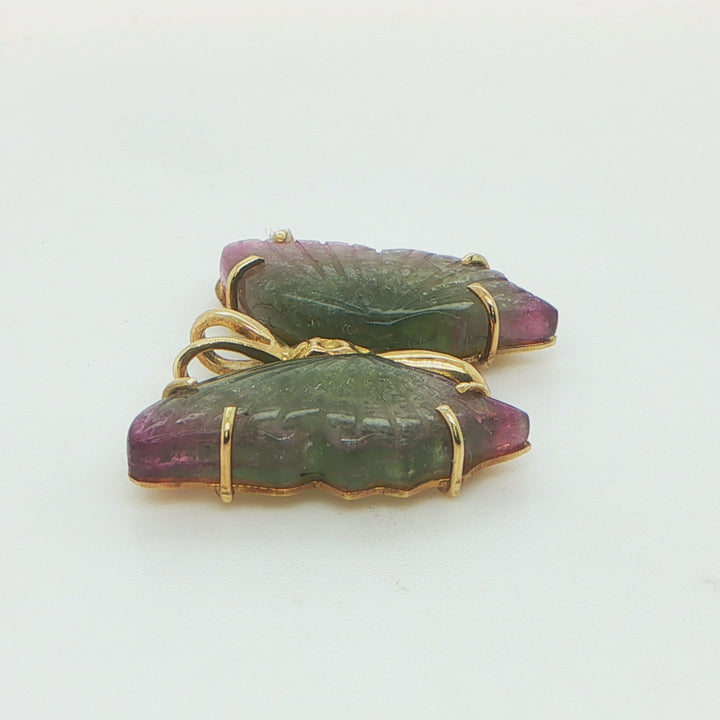 18K Yellow Gold Watermelon Tourmaline Butterfly Pendant