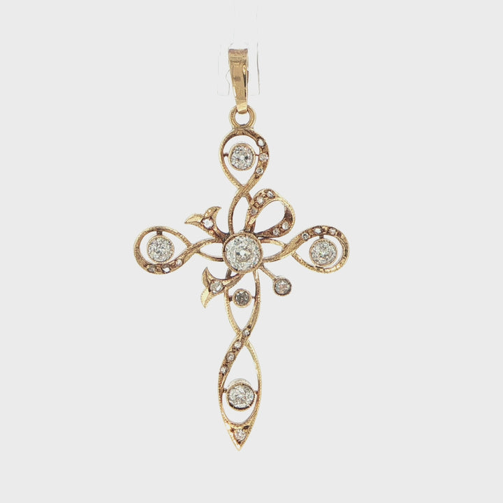 18K Yellow Gold Antique Old Mine Cut Diamond Cross Pendant