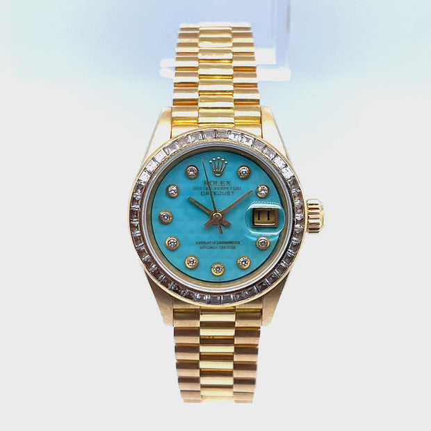 Ladies 26mm 18 Karat Yellow Gold Turquoise Pyramid Dial Rolex
