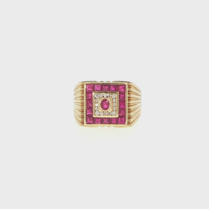18K Yellow Gold Men's Ruby & Diamond Ring