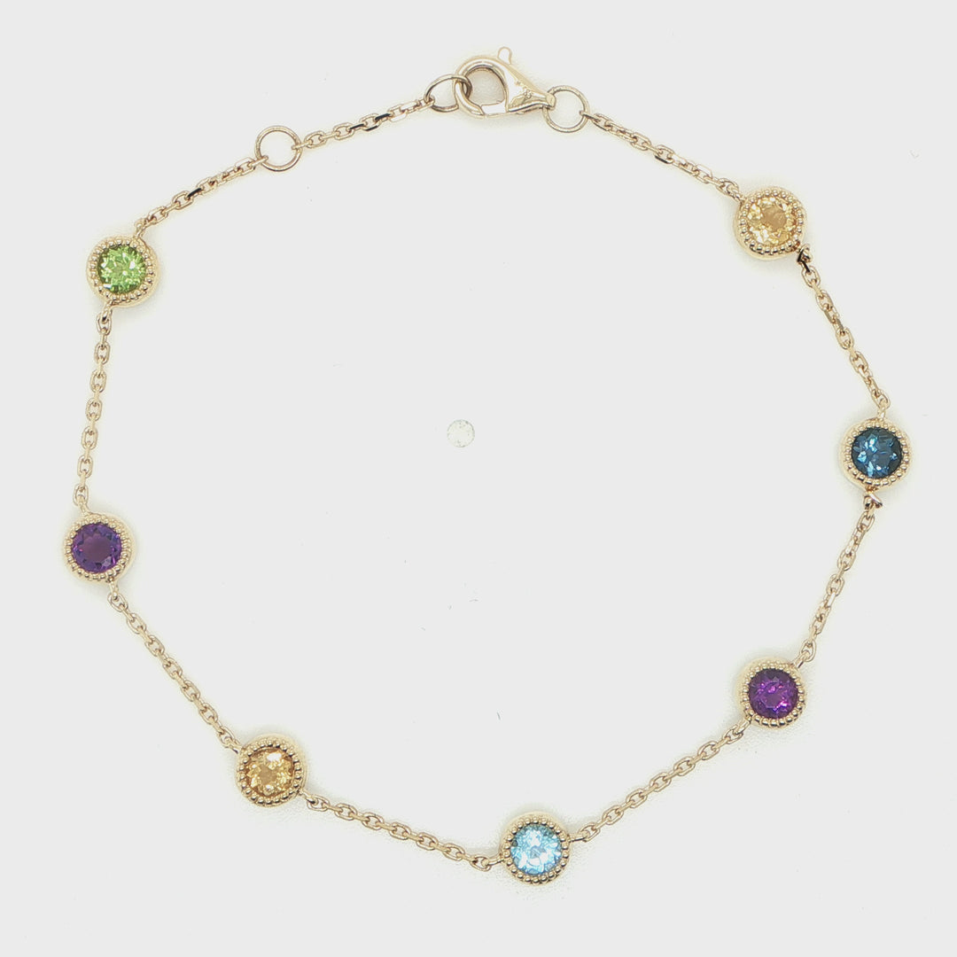 14K Yellow Gold Multicolor Gemstone Bezel Bracelet