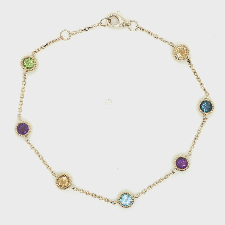 14K Yellow Gold Multicolor Gemstone Bezel Bracelet