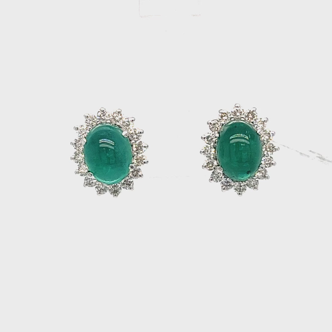 18K White Gold Cabochon Emerald and Diamond Halo Earrings