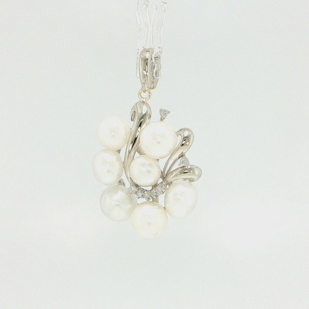 14K White Gold Pearl & Diamond Cluster Pendant