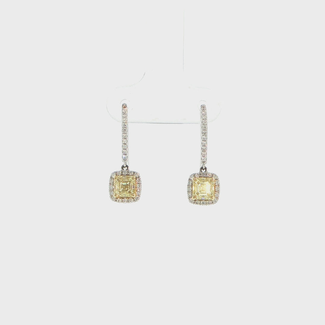 18K White Gold Fancy Yellow Diamond Asscher Cut Drop Earrings