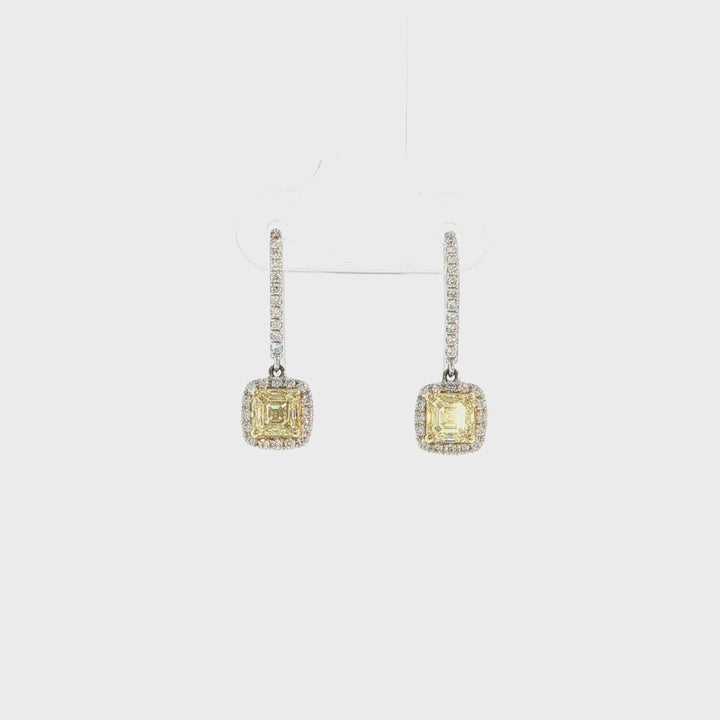 18K White Gold Fancy Yellow Diamond Asscher Cut Drop Earrings