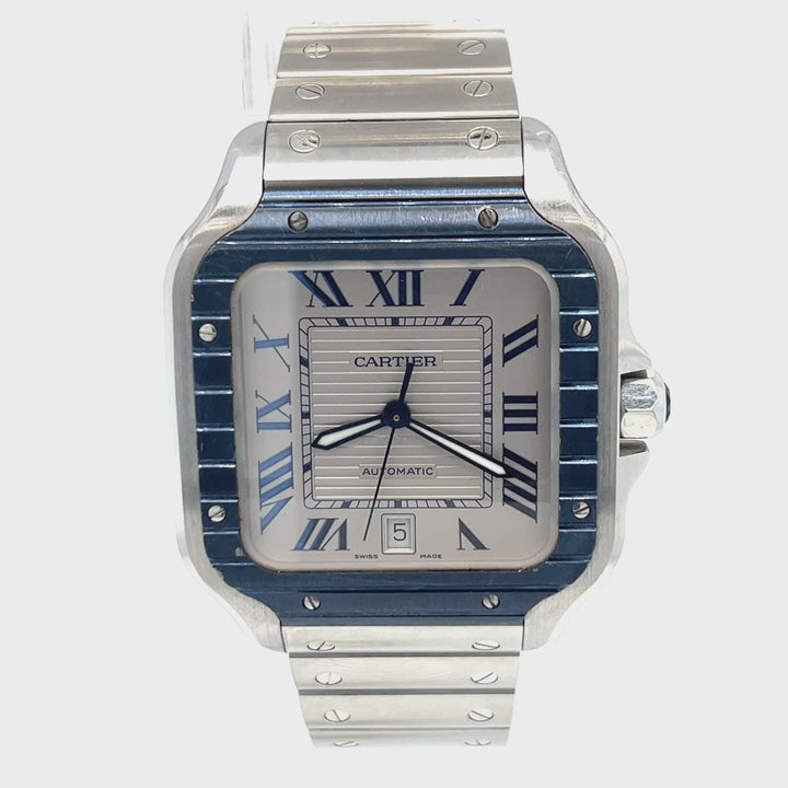 Cartier Santos Large Automatic Stainless Steel Watch with Blued Bezel